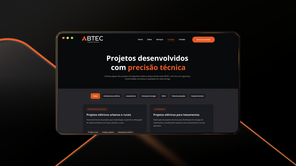 Página de portfólio do site da ABTEC Engenharia Elétrica