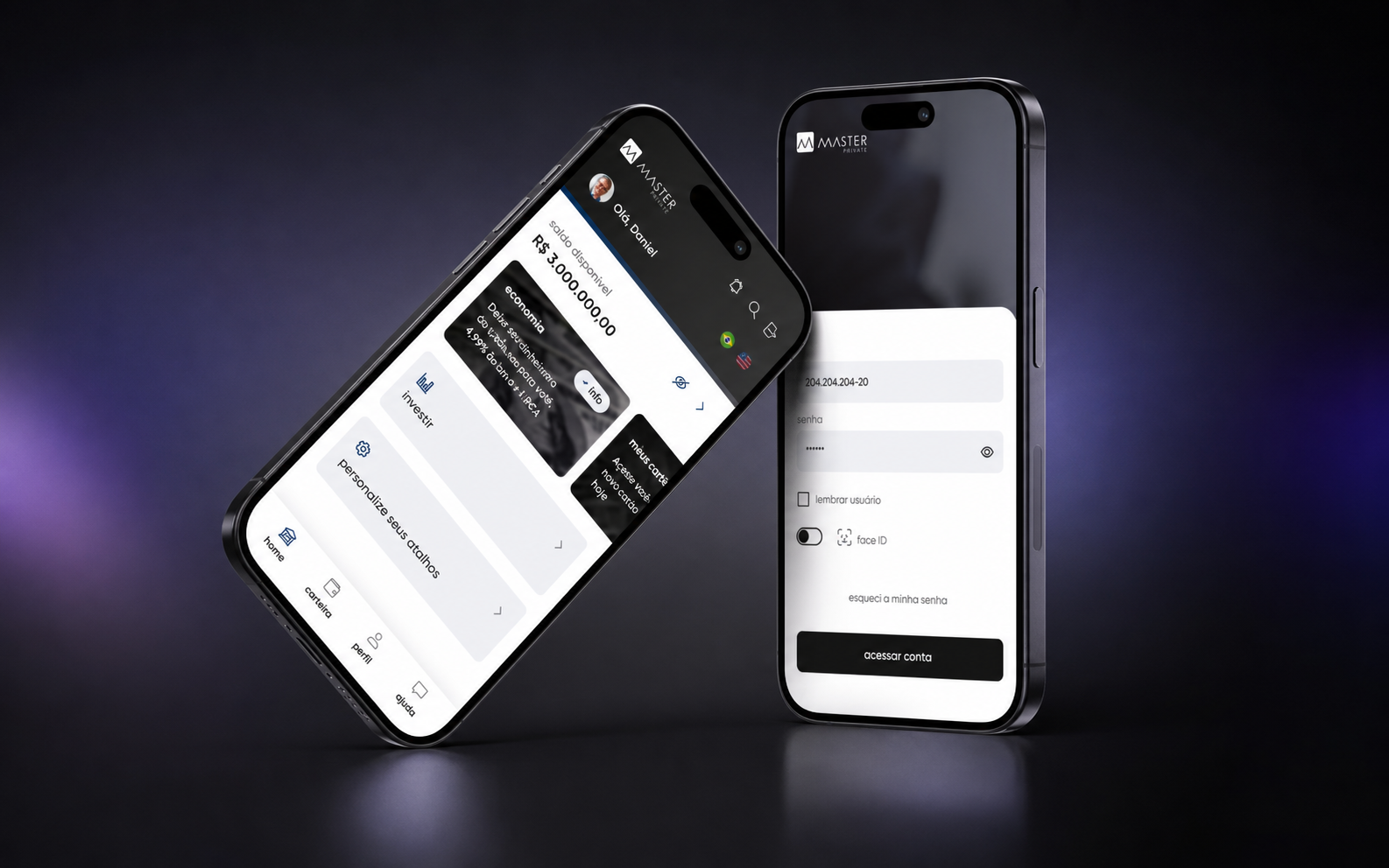 Mockups do aplicativo Master Private em dois celulares