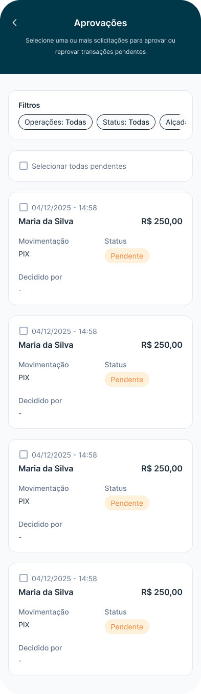 Aprovações no aplicativo Finfy