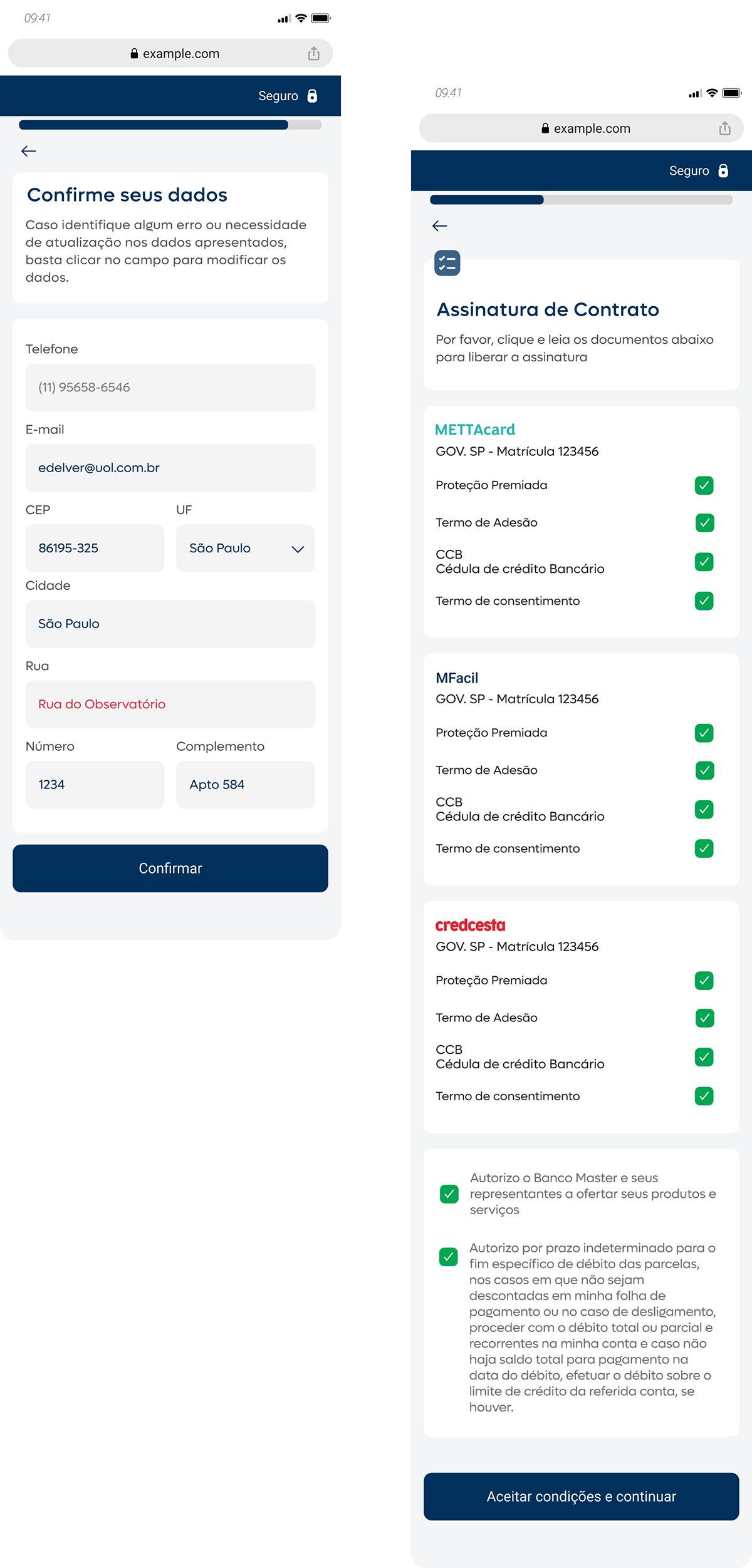 Telas de confirmação de dados e assinatura de contrato