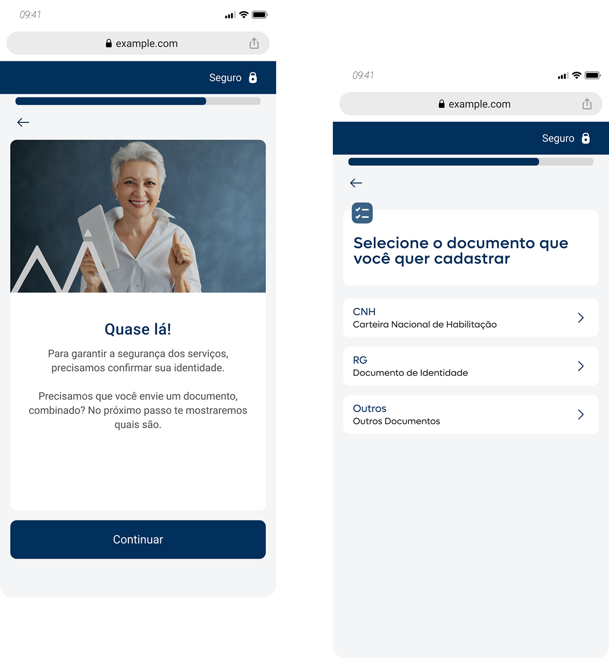 Telas de orientação e seleção de documentos