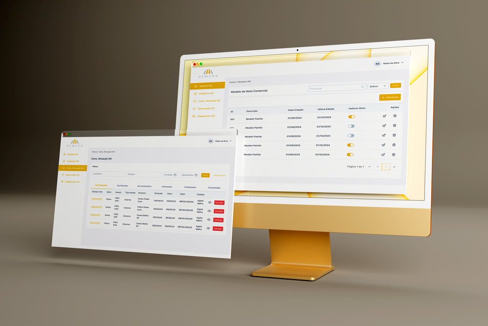 Portal de Nota Comercial da HEMERA em um mockup dourado de notebook
