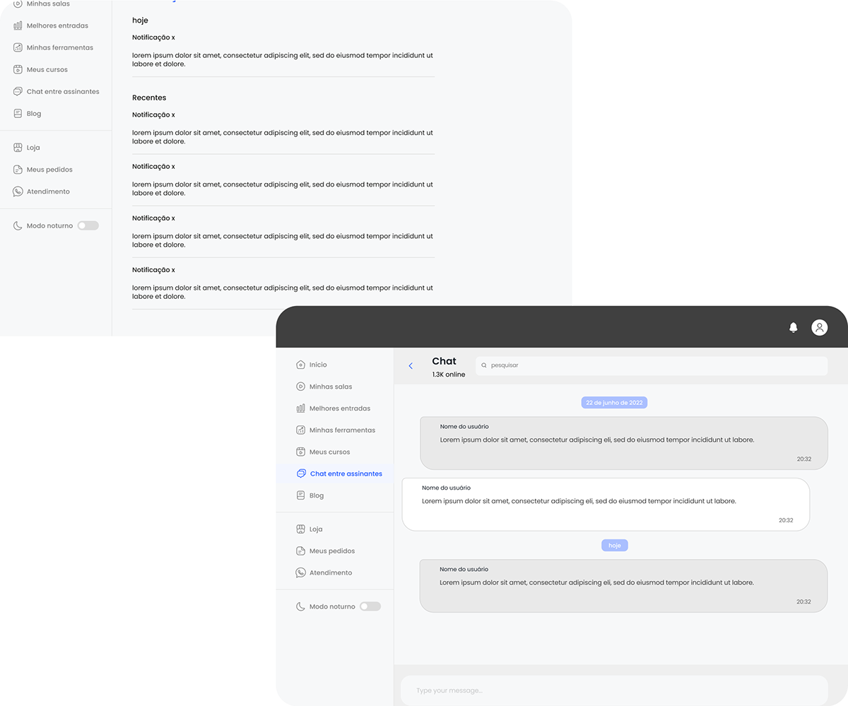 Telas de notificações e comunidade da área de membros