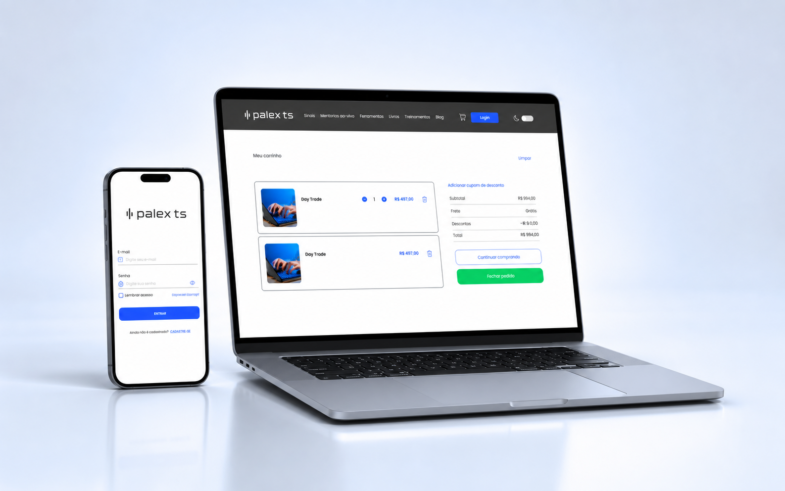 Mockups do site e aplicativo para cursos e livros de traders